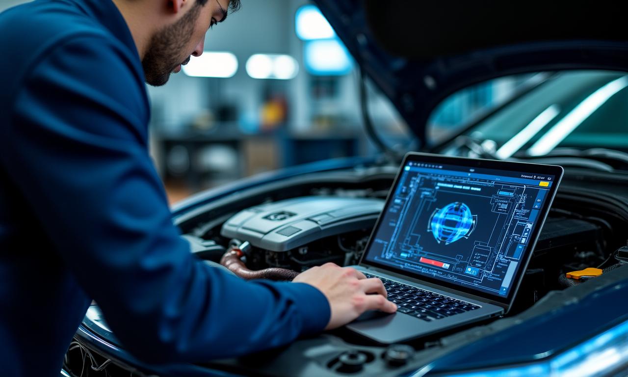 Automotive technician using a laptop to perform ECU remapping on a high-performance vehicle