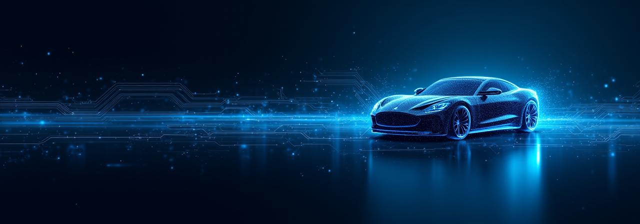 Data security and privacy visual showing digital encryption and automotive blueprints